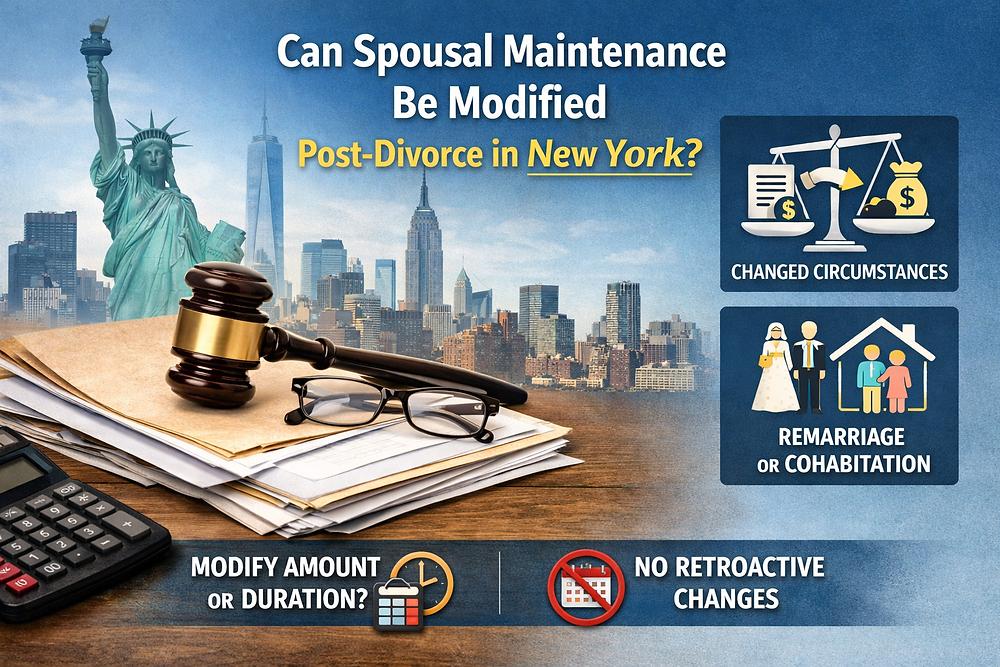 Gavel, papers, and glasses on a desk with NYC skyline. Text: "Can Spousal Maintenance Be Modified Post-Divorce in New York?" Signs on circumstances, remarriage.