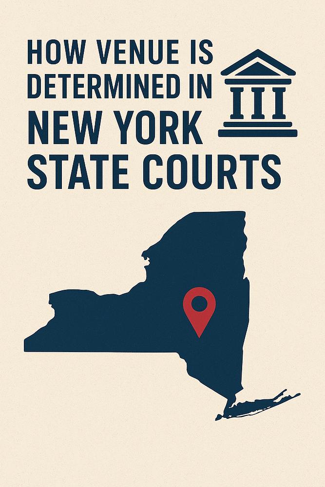 New York map with a red location pin. Text reads: "How venue is determined in New York State Courts" with a courthouse icon.