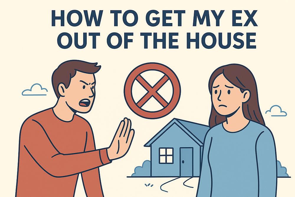 Man gestures stop to a sad woman near a house, with "HOW TO GET MY EX OUT OF THE HOUSE" text. No entry symbol above house.