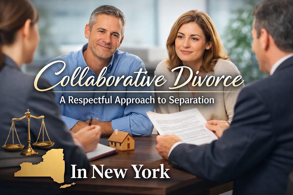 A man and woman sit across from two others, discussing papers. Text: "Collaborative Divorce: A Respectful Approach to Separation, In New York."