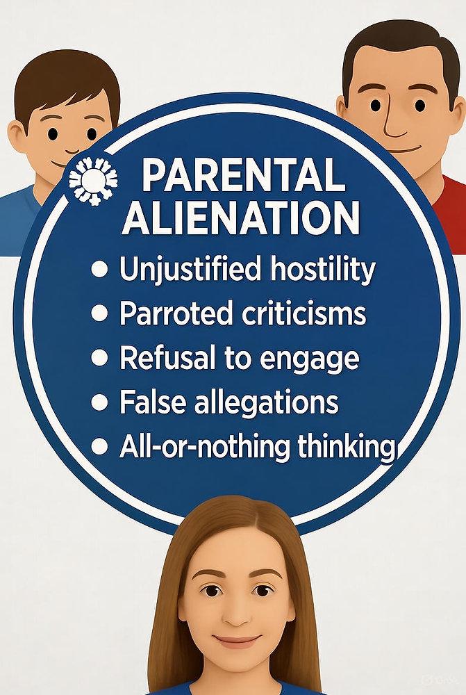 Three cartoon figures with a blue circle that reads "Parental Alienation" and lists behaviors like hostility and false allegations.
