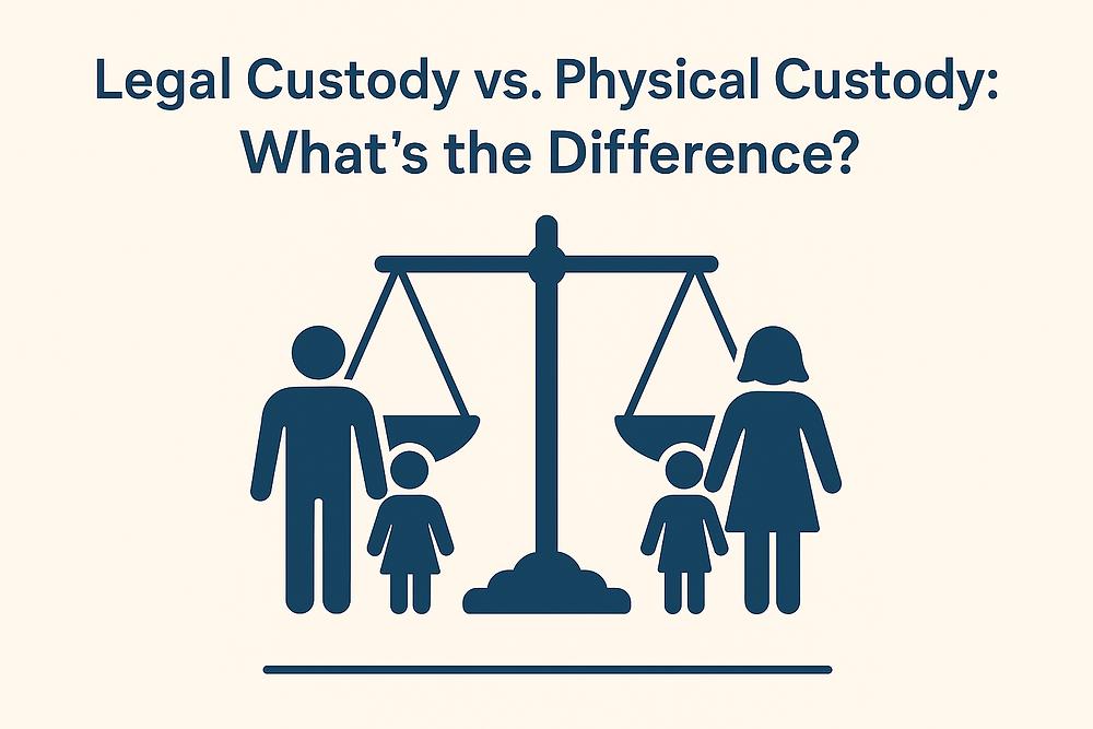 Silhouette of family and scales under text: "Legal Custody vs. Physical Custody: What's the Difference?" on a beige background.