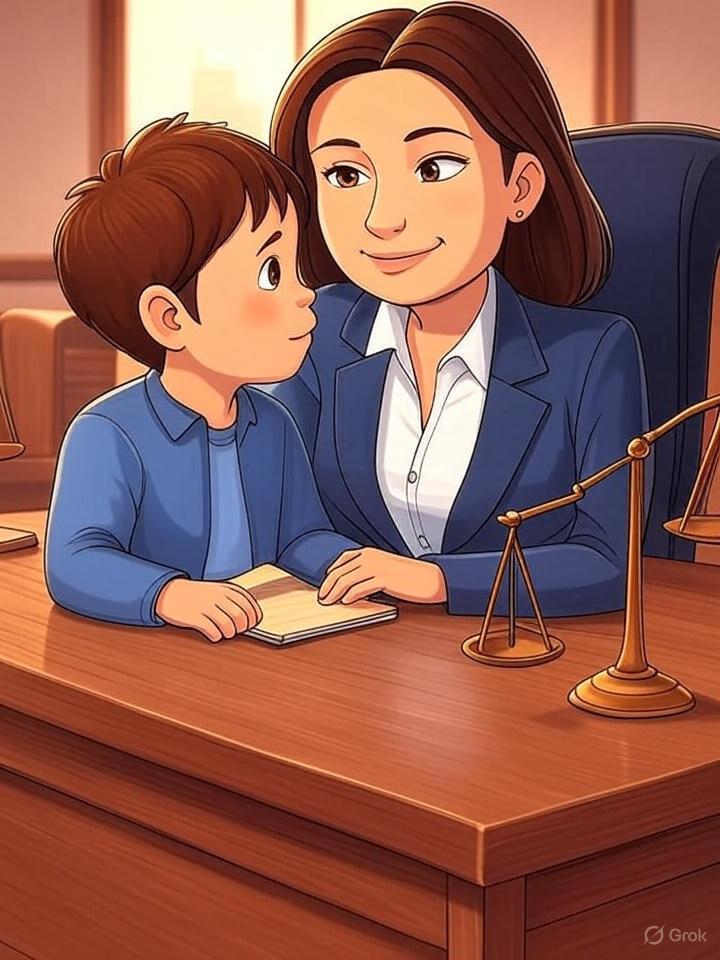 Syracuse Custody Attorney in a suit and young boy share a warm smile at a desk with a scale of justice. The room has a cozy, warm atmosphere.