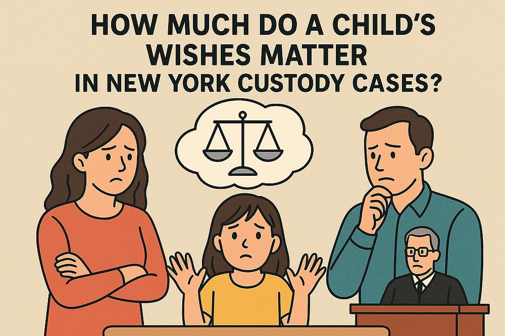 A worried child between two concerned adults in a courtroom. A thought bubble with scales of justice above the child. Title: "How much do a child's wishes matter in New York custody cases?"