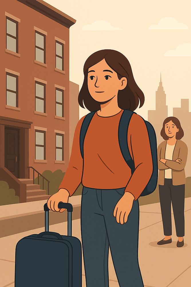 Young woman with brown hair and orange sweater carries a suitcase on a city street. Another woman stands in the background with arms crossed.