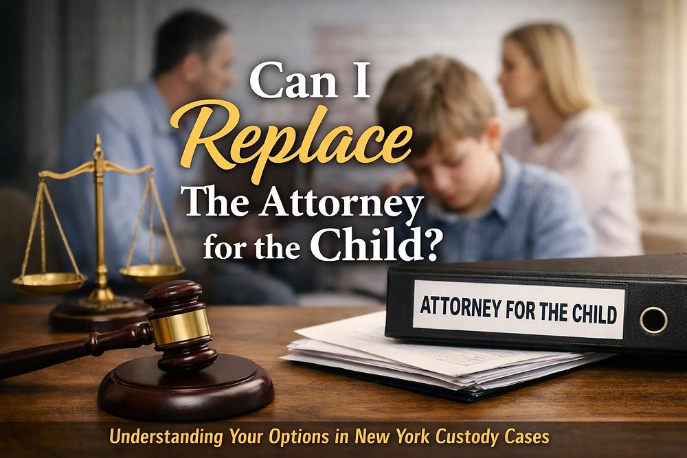 Gavel, scales, and binder labeled "Attorney for the Child" on table. Text asks about replacing the attorney. Serious mood, blurred adults and child.