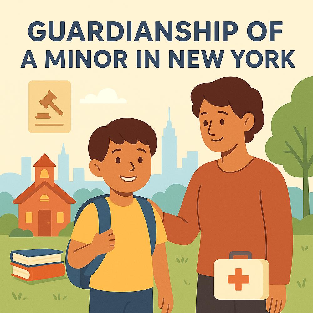 Adult and child in a park with city skyline, school, and law icon. Child wears a backpack; adult holds a first aid kit. Text: Guardianship.