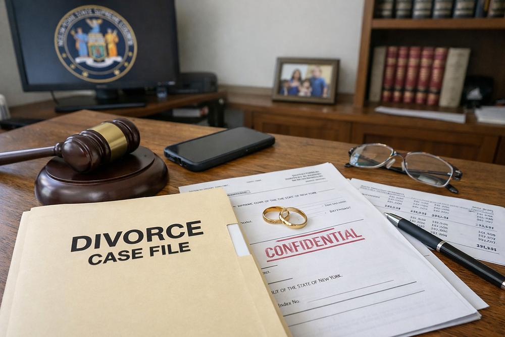 Gavel, "Divorce Case File" folder, rings on "Confidential" papers, phone, and glasses on desk; legal setting with somber mood.