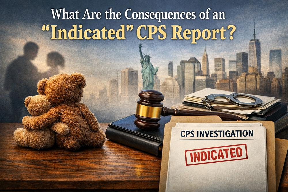 Teddy bears hug on a table with gavel, files, handcuffs; NYC skyline in background. Text: What Are the Consequences of an "Indicated" CPS Report?