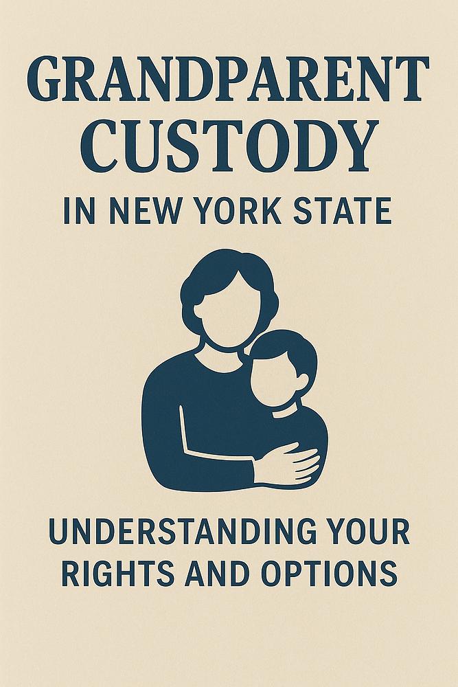 Silhouette of a grandparent and child on a beige background. Text: "Grandparent Custody in New York State: Understanding Your Rights and Options."