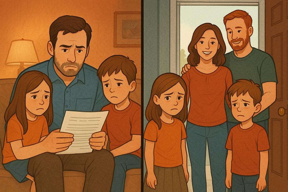 Split-screen illustration showing two contrasting co-parenting households after divorce. On the left, a concerned father in casual clothes sits with his two young children (ages 6–10) in a warm, family living room, reviewing a legal custody document. The children appear worried, emphasizing shared parenting concerns. On the right, the kids stand hesitantly at their mother’s front door. She stands beside her affectionate new partner, welcoming them, while the children's body language reflects discomfort and emotional tension in blended family dynamics.