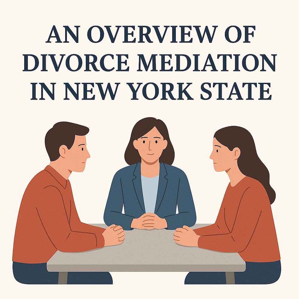 Syracuse divorce attorney sits with couple around a table in discussion. The background text reads "An Overview of Divorce Mediation in New York State."