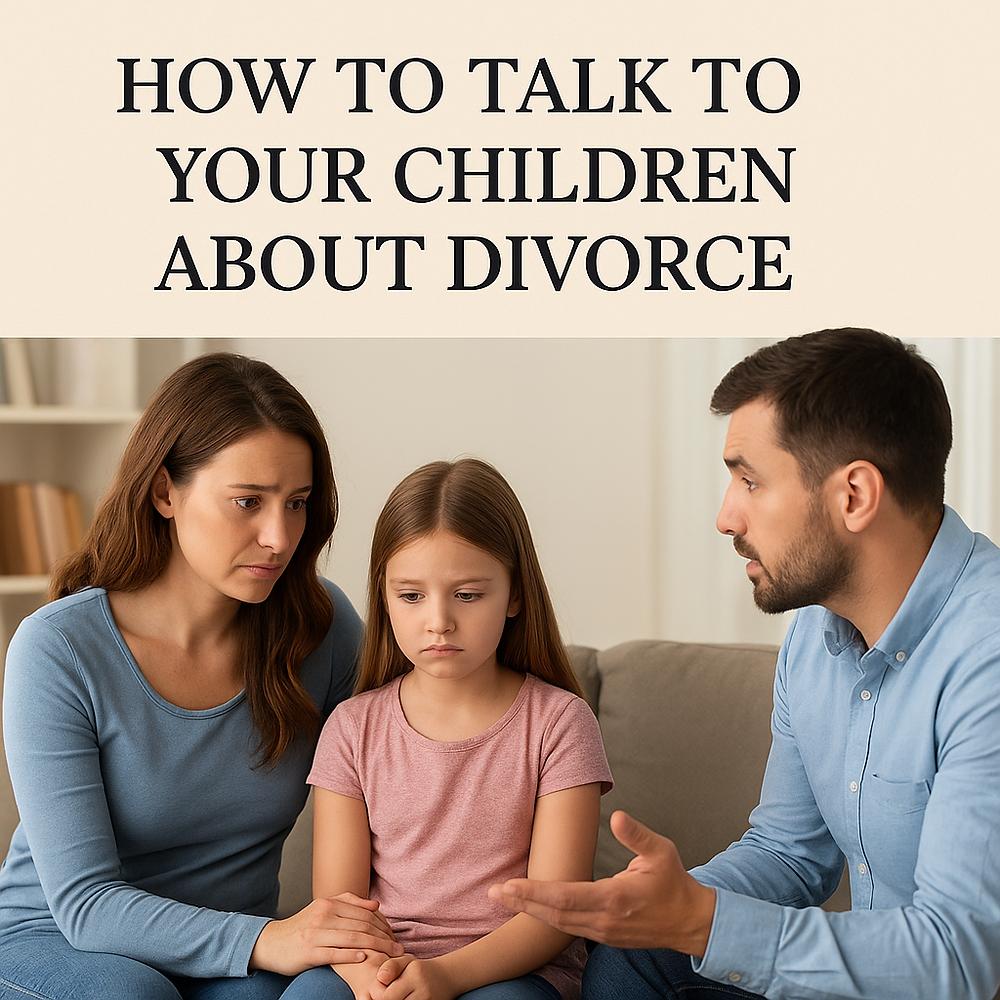 Adults talk to a sad child about divorce on a couch. Text above reads, "How to Talk to Your Children About Divorce." Neutral background.