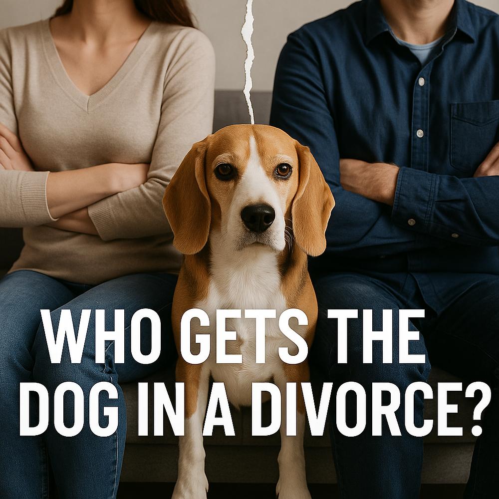 A tan and white beagle sits on a couch between two people with crossed arms, whose faces are cropped out. A jagged white line vertically splits the image above the dog's head, symbolizing separation. Bold text at the bottom reads, "WHO GETS THE DOG IN A DIVORCE?"