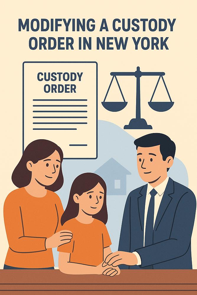 Family discussing custody order with lawyer. Woman, child, and man in suits. Scales and "Modifying a Custody Order in New York" text above.