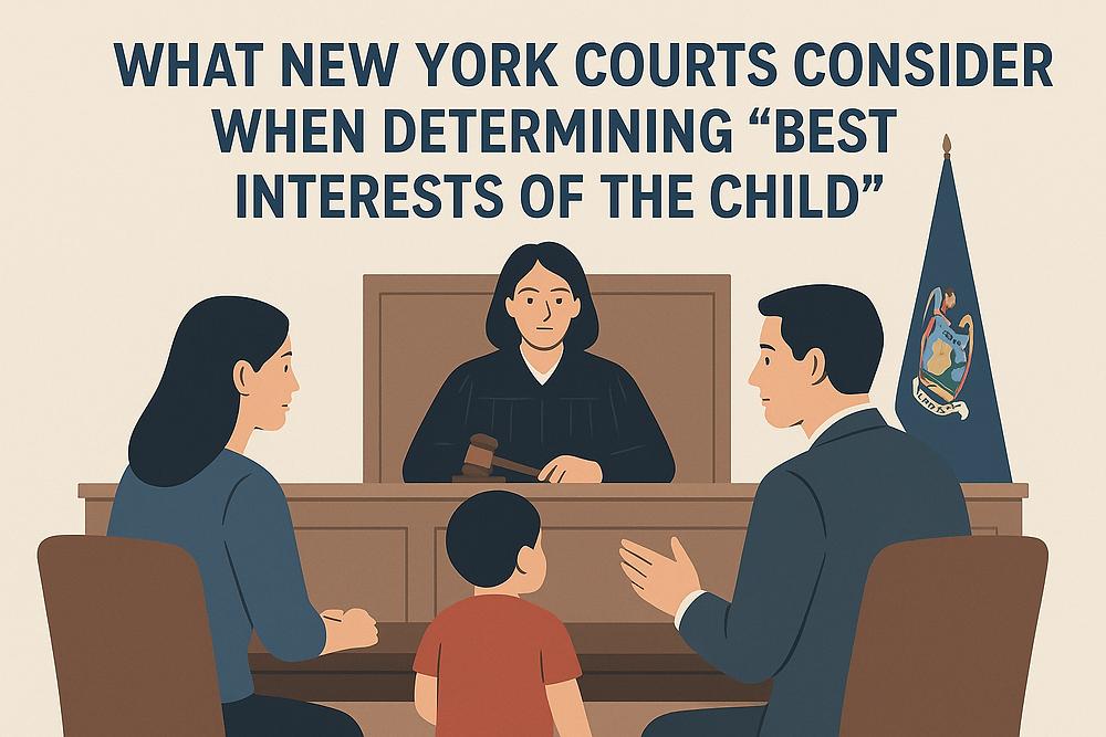 A judge and couple discuss in court with a child present. Text: "What New York Courts Consider When Determining 'Best Interests of the Child.'"
