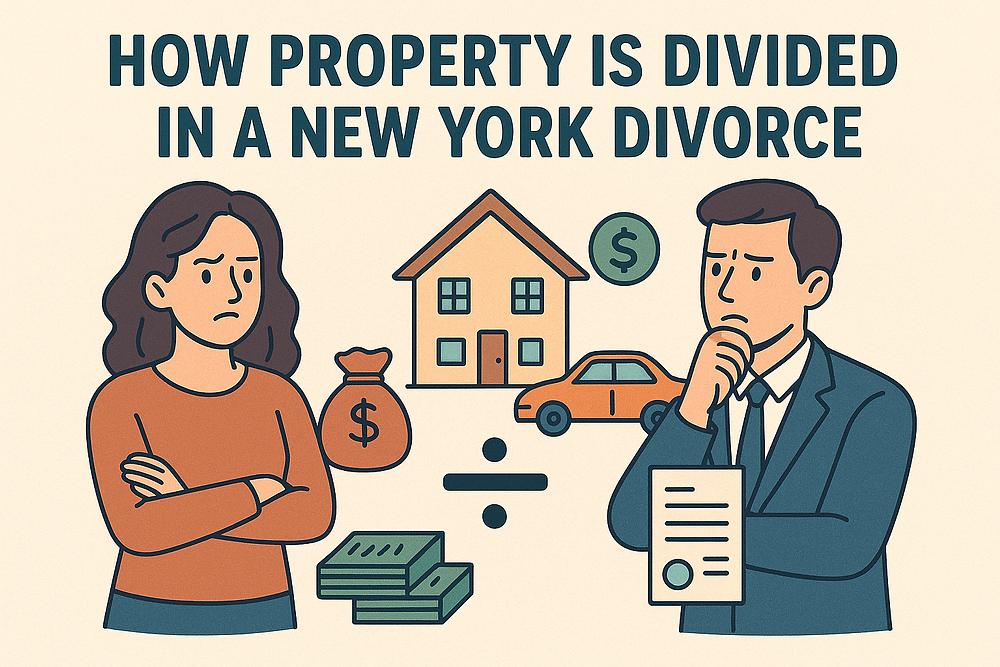 Two people appear worried, surrounded by icons of a house, car, money, and document. Text: "How Property is Divided in a New York Divorce."