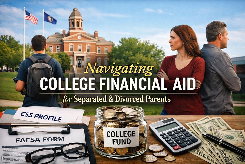 A student with a backpack faces a school, while a man and woman stand back to back. Text: Navigating College Financial Aid. Calculator, cash, jar on a table.