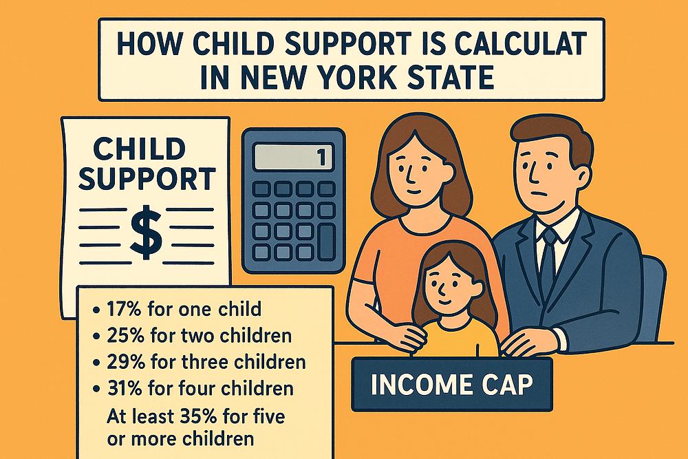 Family illustration with a child support sheet, calculator, and income cap sign. Text explains child support percentages in NY state. Orange background.