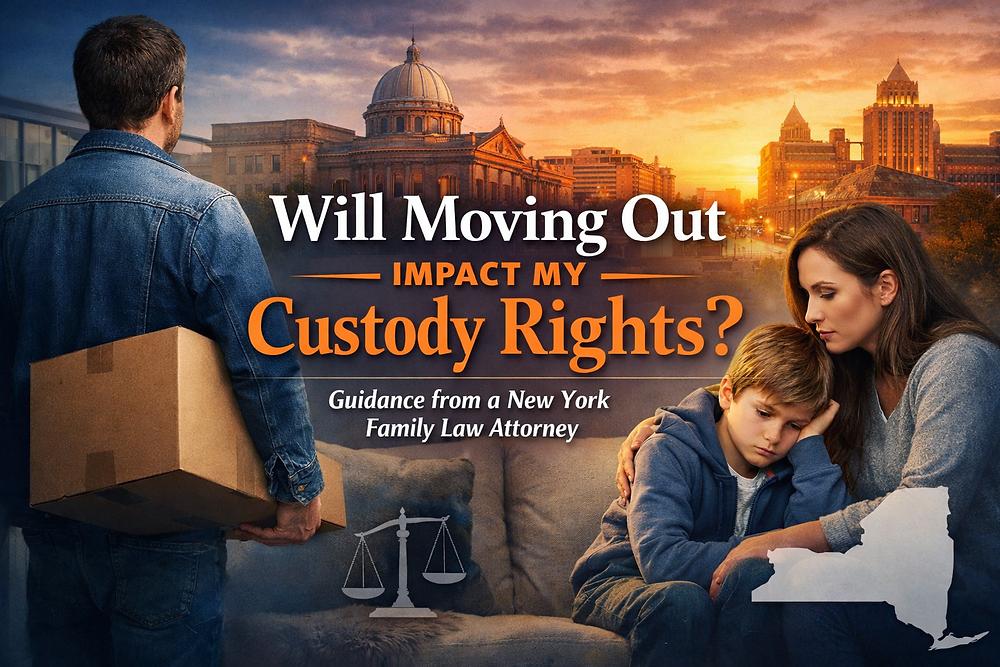 Man holding a box, sad woman with a boy on a couch. Orange text: "Will Moving Out Impact My Custody Rights?" Courthouse in background.