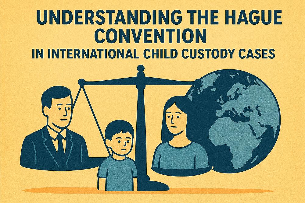 A child stands between parents with a globe and scales, symbolizing international custody. Text: "Understanding The Hague Convention."