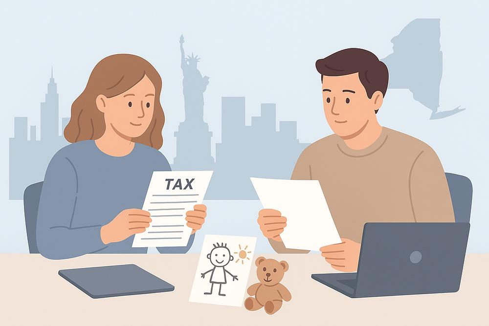 A woman and man review tax documents at a table with a laptop, tablet, child’s drawing, and teddy bear, set against a cityscape backdrop.