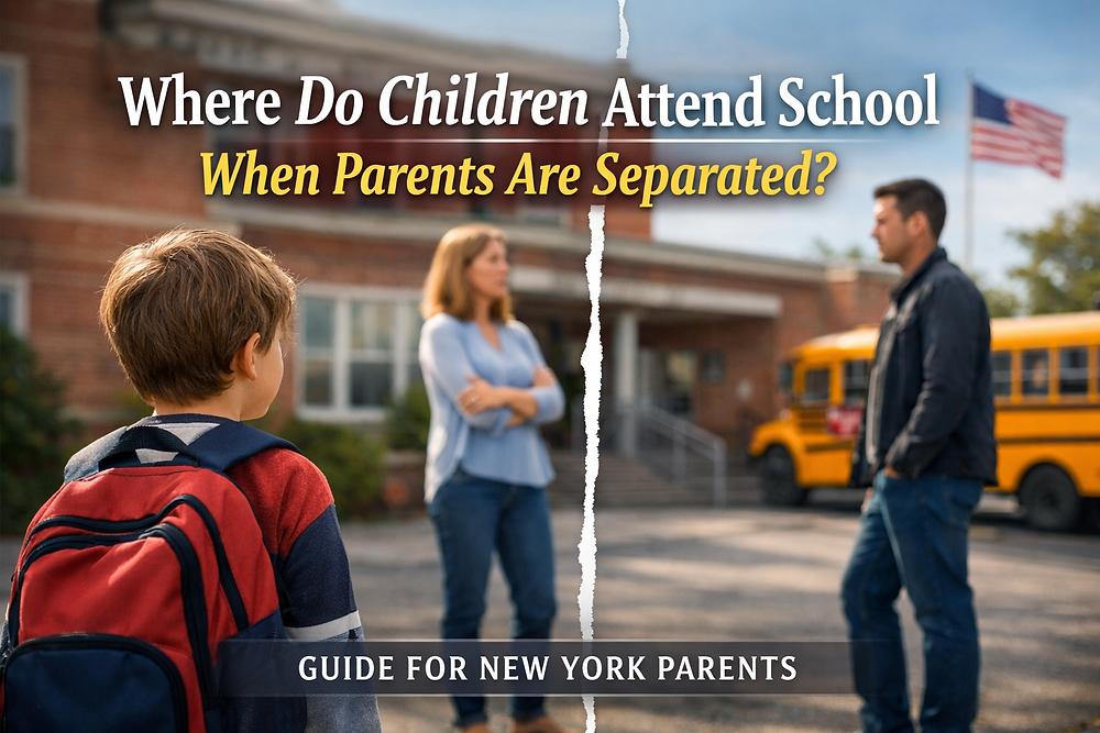 Boy with backpack faces two adults outside school; yellow bus and U.S. flag in background. Text: Where Do Children Attend School When Parents Are Separated? Guide for New York Parents.