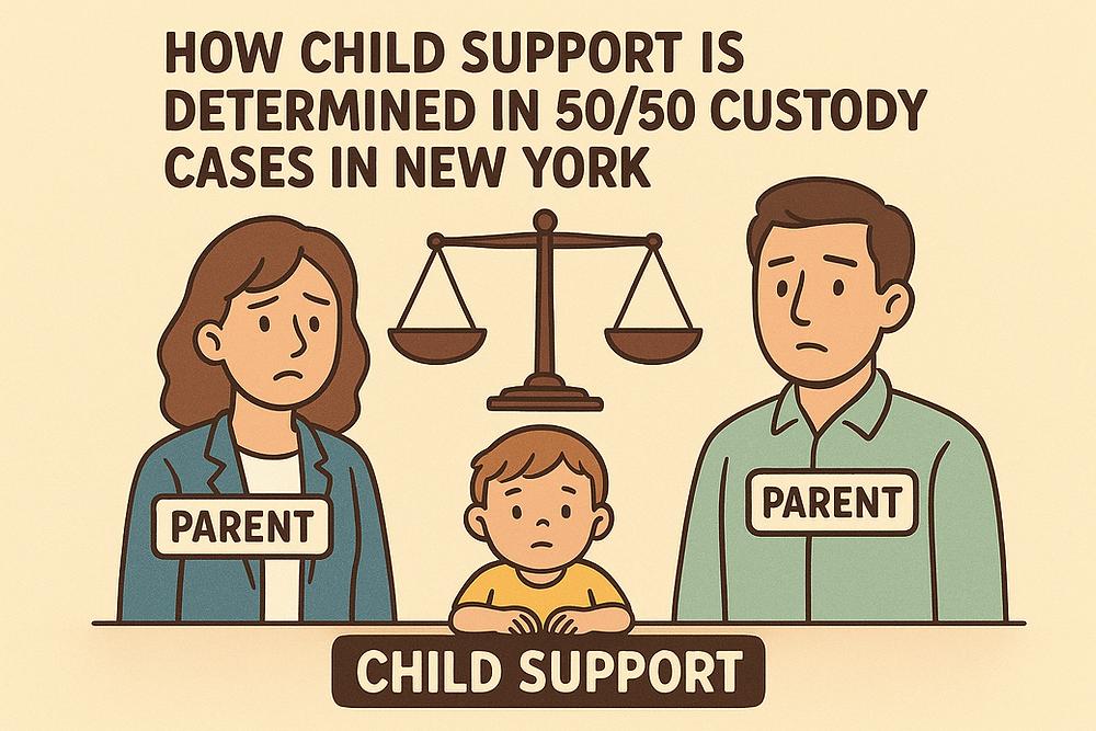 Two concerned parents and a child sit below a balance scale, representing child support in 50/50 custody cases in New York.