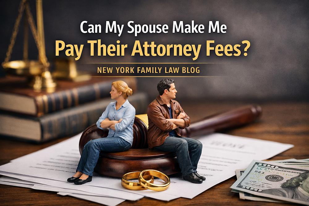 Mini figures of a man and woman sit back-to-back on a gavel. Surrounding are legal books, scales, and money. Text: Can My Spouse Make Me Pay Their Attorney Fees? New York Family Law Blog.