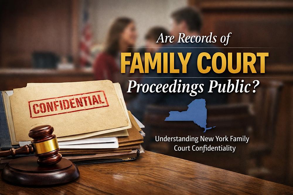 Gavel on table, file labeled "Confidential." Background shows blurred figures in court. Text: "Are Records of FAMILY COURT Proceedings Public?"