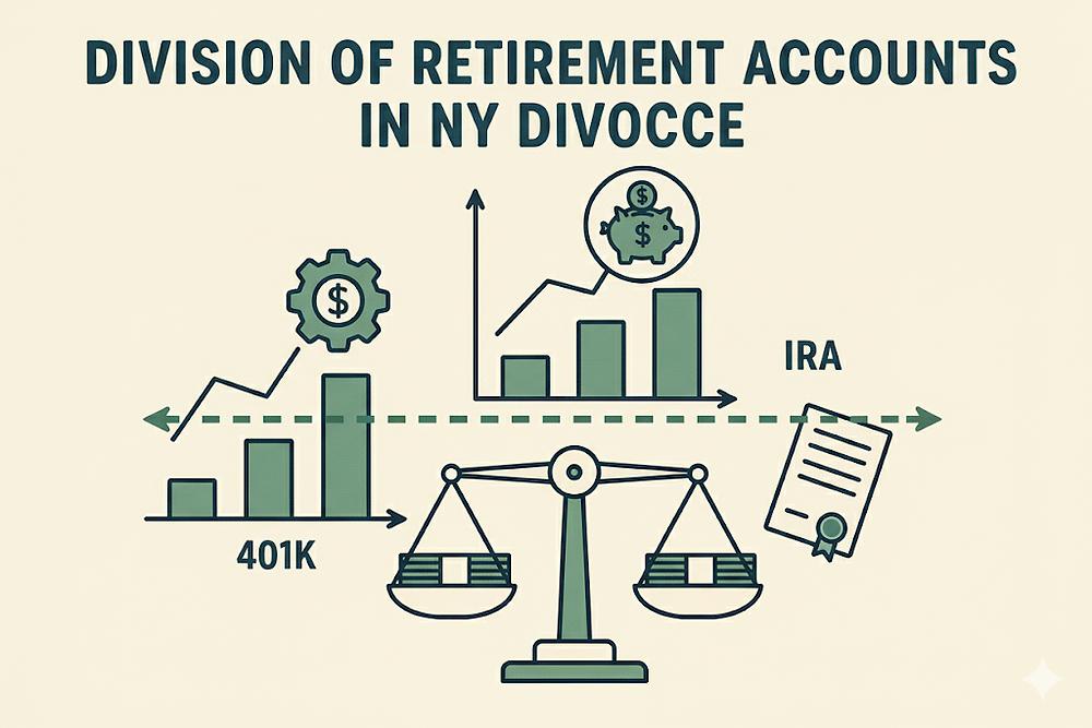 Scales, bar charts labeled 401K and IRA, and documents depict the division of retirement accounts in a NY divorce; green theme.