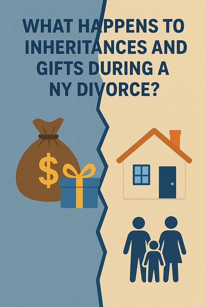 Split image with text "What happens to inheritances and gifts during a NY divorce?" Left: money bag, gift. Right: house, family. Blue, beige tones.