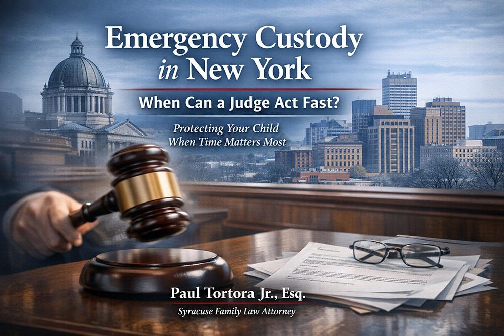 Gavel being struck on a desk with legal papers and glasses. Text: "Emergency Custody in New York" against a cityscape background.