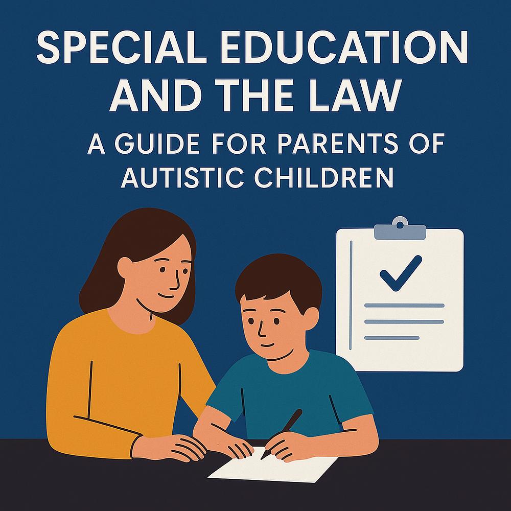 Adult and child sit at a table writing. Blue background with a checklist. Text: "Special Education and the Law: A Guide for Parents."