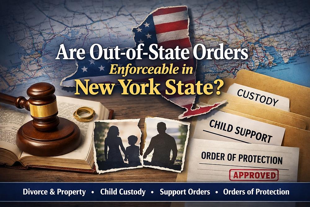 US map with NY highlighted, text about enforceable out-of-state orders. Gavel, ring, family photo, and legal folders labeled custody, support. Mood: legal.