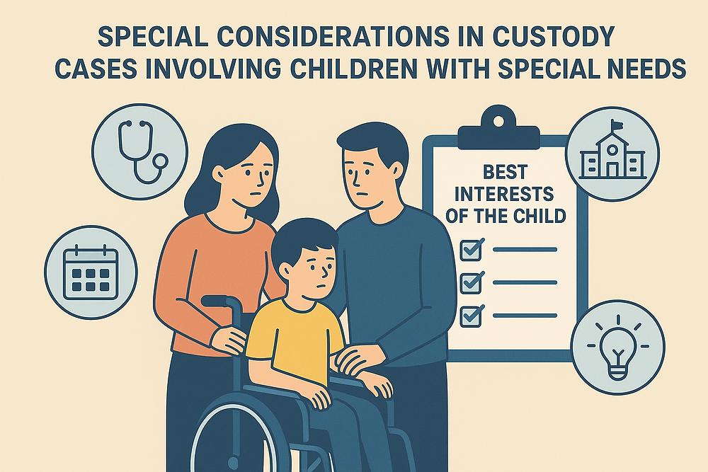 A concerned family with a child in a wheelchair discusses a checklist about custody and special needs. Icons show medical, calendar, school, lightbulb.