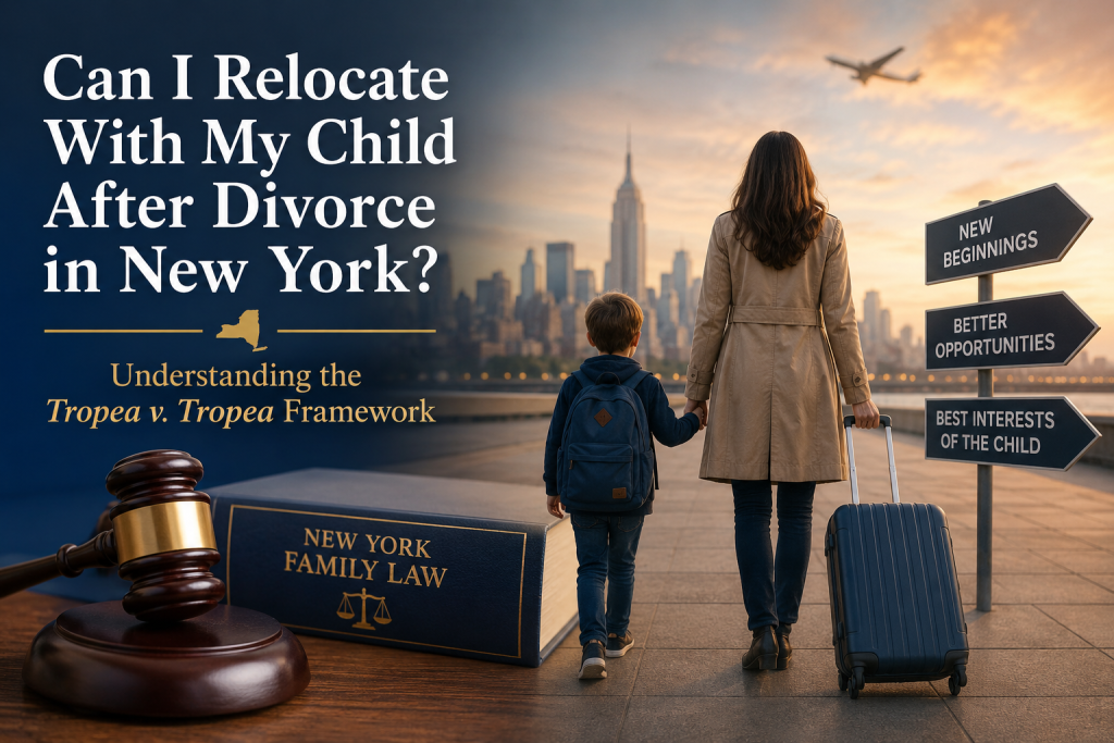 Woman and child holding hands with luggage in NYC. Signs read New Beginnings, Better Opportunities, Best Interests of the Child. Text about relocation after divorce.