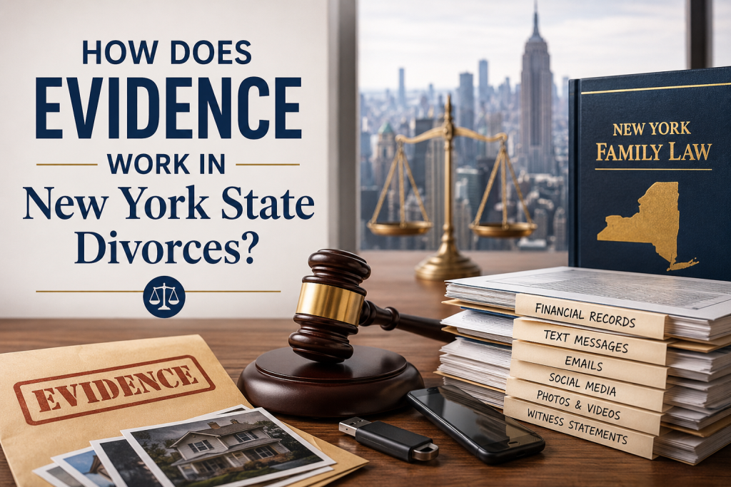 Text How Does Evidence Work in New York State Divorces? with gavel, scales, NY Family Law book, and evidence files against NYC skyline.