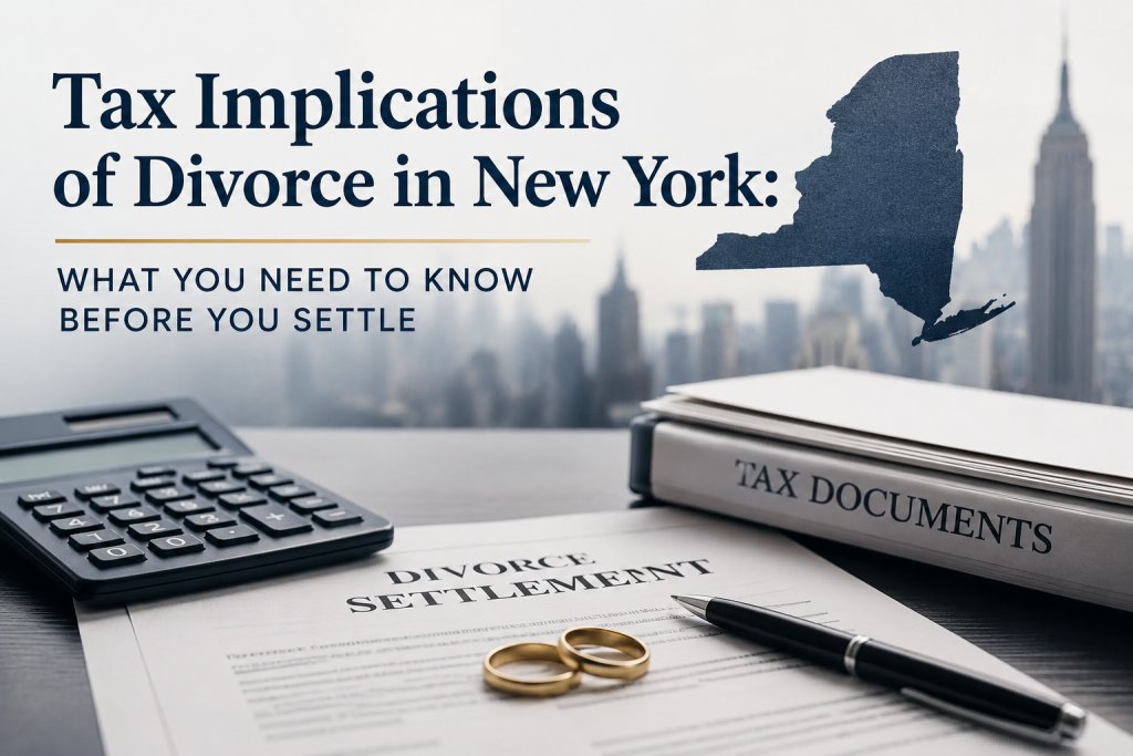 Calculator, pen, and rings on a desk with divorce settlement and tax documents. Text: Tax Implications of Divorce in New York.