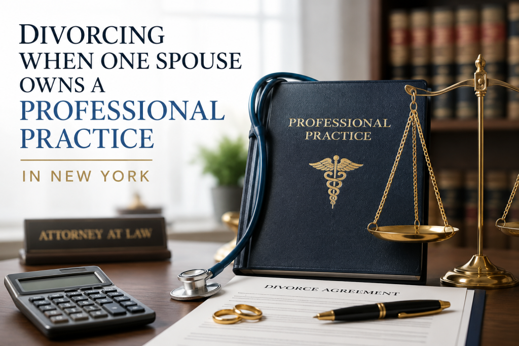Divorce agreement on desk with rings, pen, scale, book titled Professional Practice. Text: Divorcing...Professional Practice in New York.