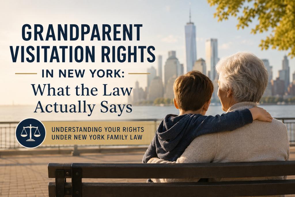 Grandparent and child sit on a bench overlooking NYC skyline. Text discusses grandparent visitation rights in New York. Calm, informative mood.
