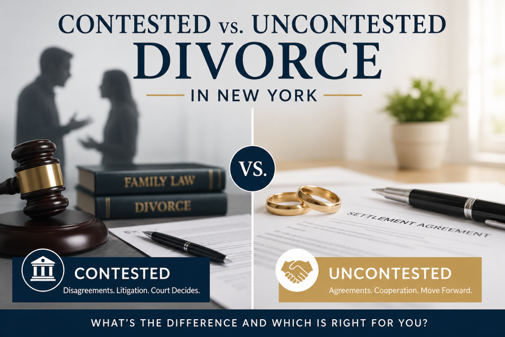 Divorce in New York: Contested vs. Uncontested. Gavel and law books vs. rings and agreement. Court vs. cooperation. Choose wisely.