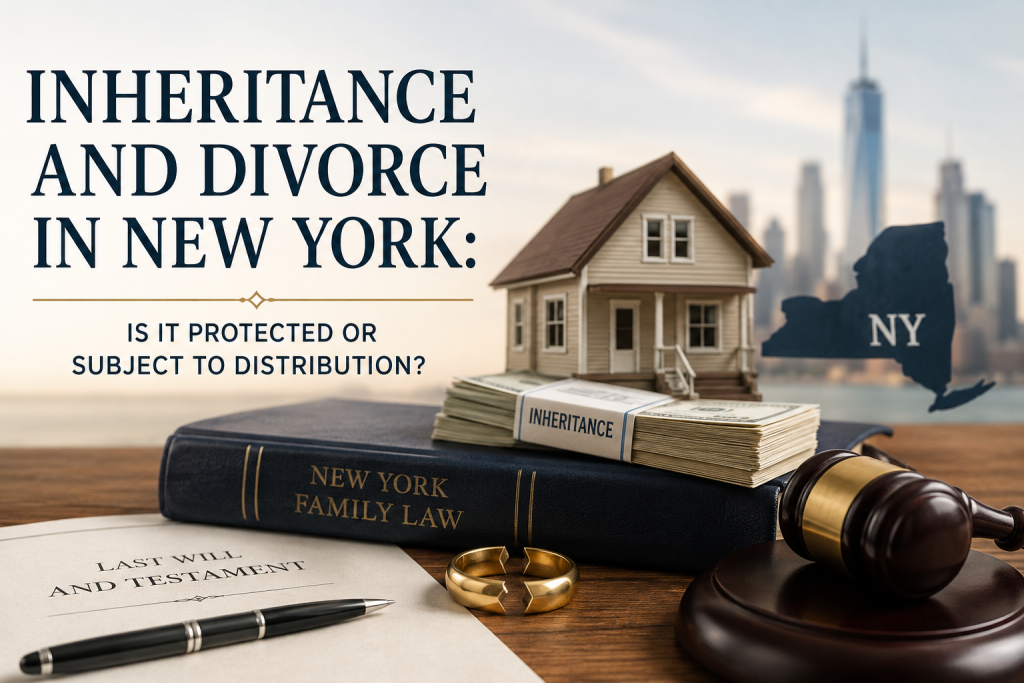 Text reads Inheritance and Divorce in New York. Includes a gavel, house model, cash, book, rings, pen, and NYC skyline silhouette.