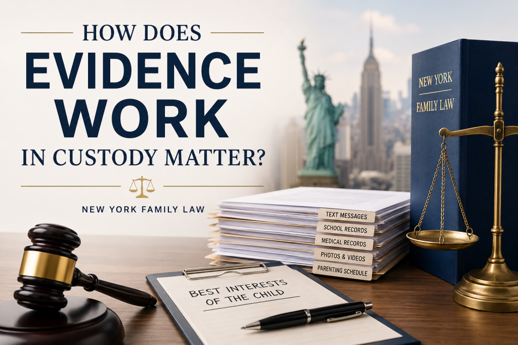 Scales, gavel, and files on a desk with text How does evidence work in custody matter? New York skyline in the background.
