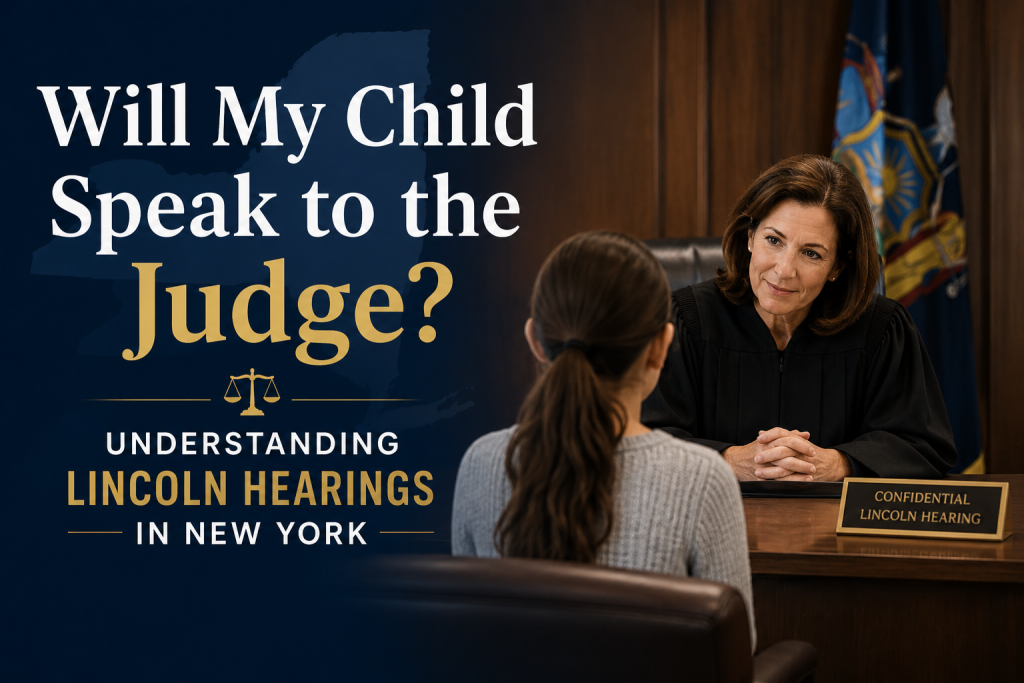 Judge in black robe listens to child in courtroom. Blue background with text: Will My Child Speak to the Judge? Understanding Lincoln Hearings in New York.
